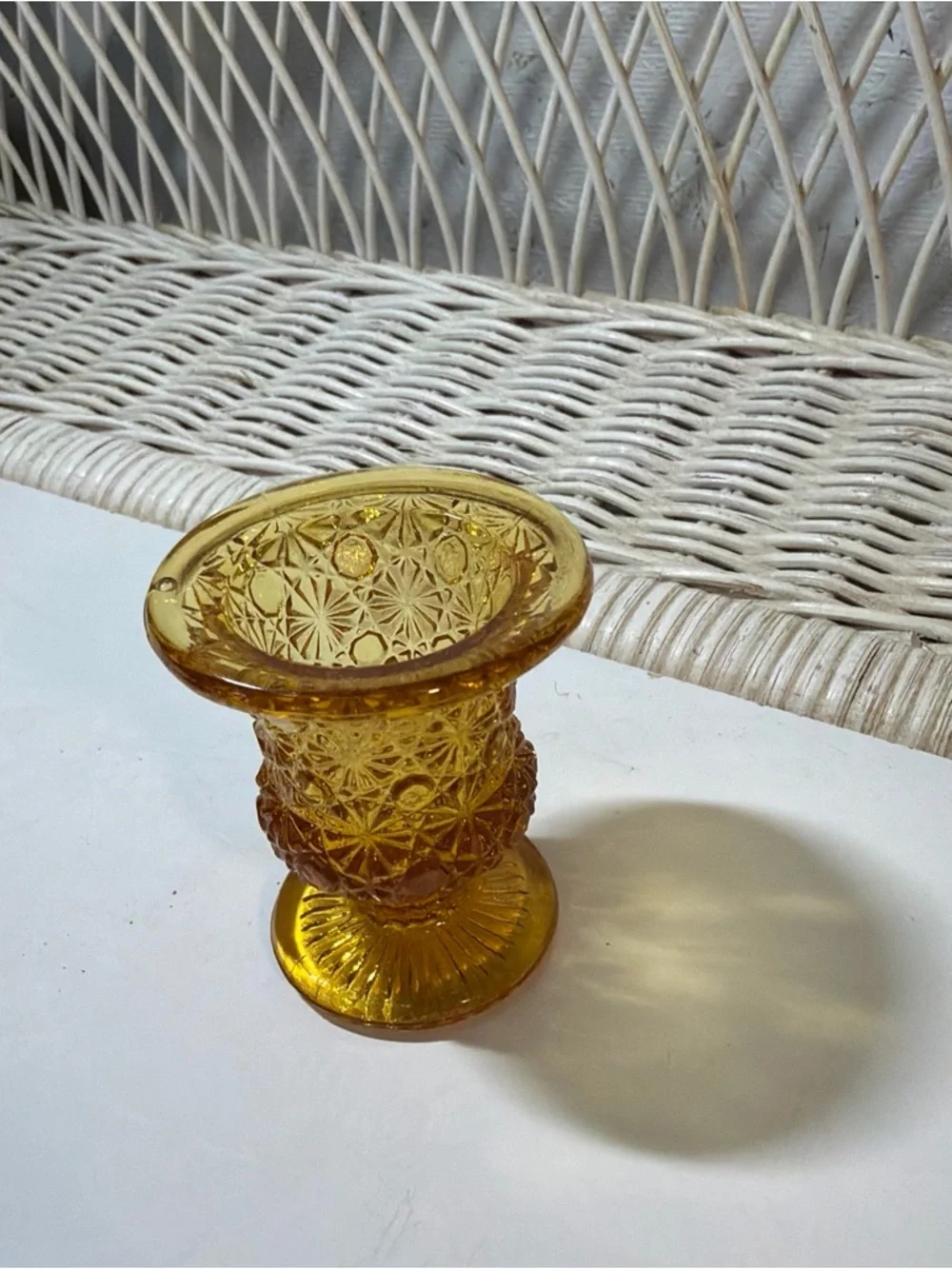VTG Fenton Amber Glass Pedestal Vase Toothpick Holder Daisy Button Design